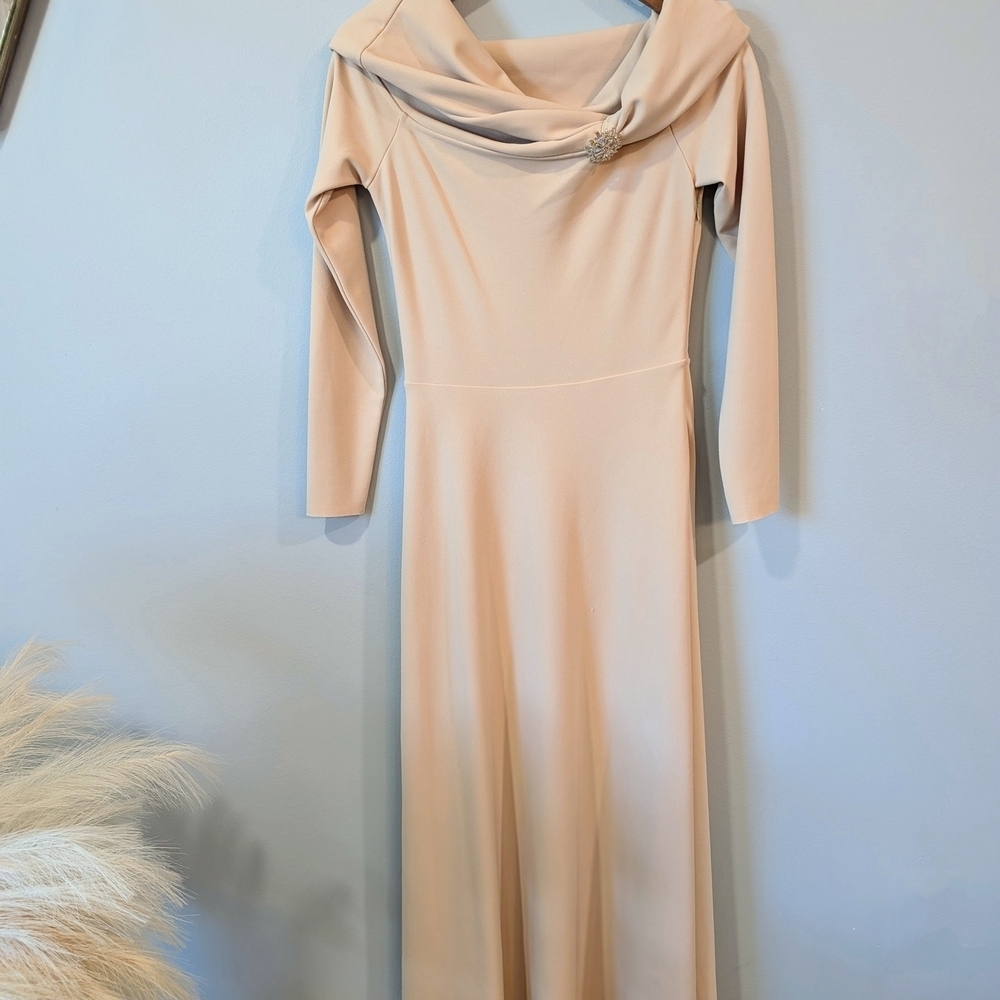 Nocturne Tan Long Sleeve Cowl Neck Gown Sz. S